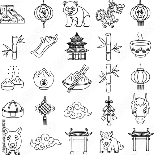 Chinese Culture Outline Icon Set