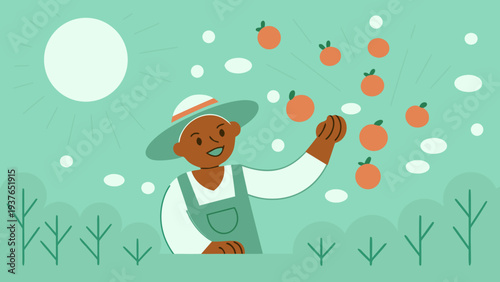 Cheerful farmer picking oranges in sunny orchard with lush greenery and vibrant fruit