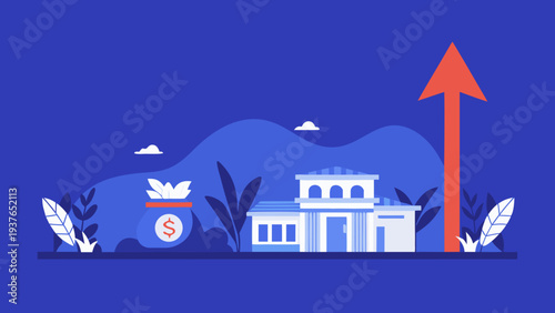 Luxury villa with savings jar and rising arrow symbolizing financial growth and investment