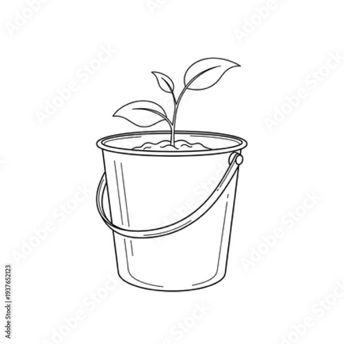 Kitchen Compost Bin Icon with Growing Sprout, Minimalist Vector Line Art of Organic Waste Pail, Sustainable Gardening and Zero Waste Lifestyle Symbol