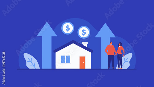 Small family home with upward arrows and people symbolizing growth and financial success