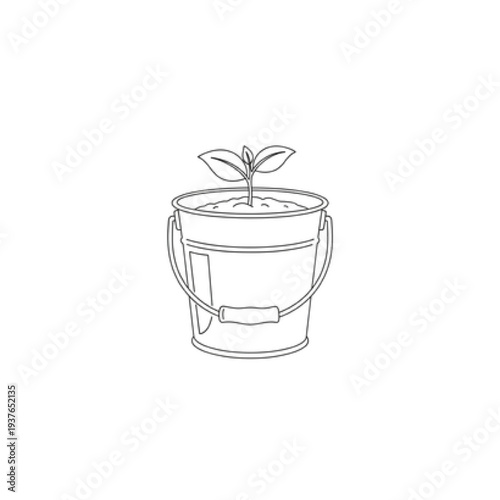 Kitchen Compost Bin Icon with Growing Sprout, Minimalist Vector Line Art of Organic Waste Pail, Sustainable Gardening and Zero Waste Lifestyle Symbol