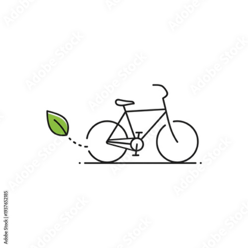 Sustainable Transport Icon with Bicycle and Leaf, Minimalist Vector Line Art of Eco Friendly Commuting, Green Travel and Carbon Neutral Mobility Symbol