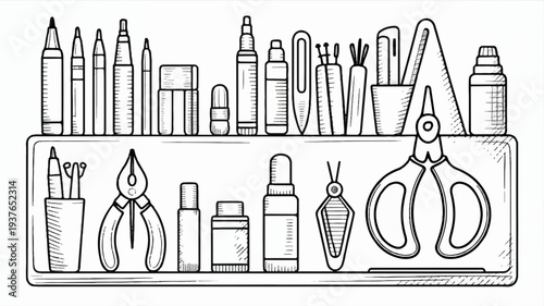 Desk drawer with art supplies and tools for creative projects and crafts