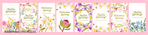 Spring Floral Social Media Story Templates Set. Vertical greeting templates with colorful flowers, botanical frames and Hello Spring messages for seasonal promotions.