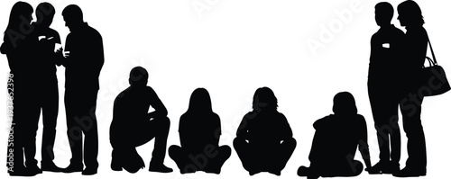 People silhouettes group collection, men and women standing sitting talking poses, social communication concept, isolated black people silhouettes illustration set