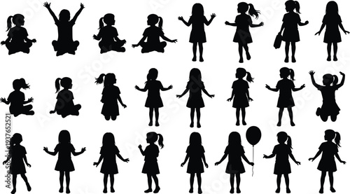 Little girls silhouette collection, kids playing jumping sitting poses set, childhood activity concept, happy children silhouettes isolated, playful kids illustration