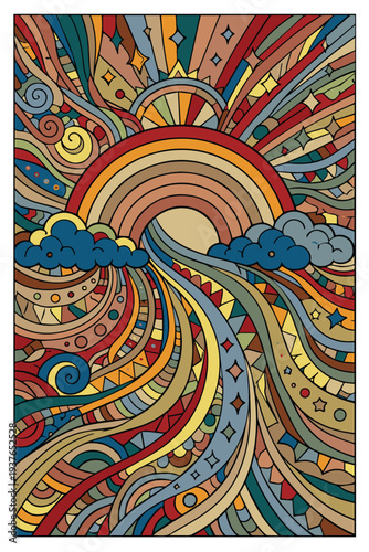 Psychedelic vector landscape with vibrant colors, featuring a rainbow, flowing river, and dreamy clouds in an abstract artistic style.