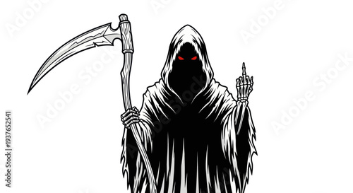Grim Reaper with Scythe and Middle Finger, Halloween Concept