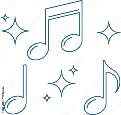 Music notes icons with sparkle stars, simple outline musical symbols for melody, sound, audio and song theme vector illustration set