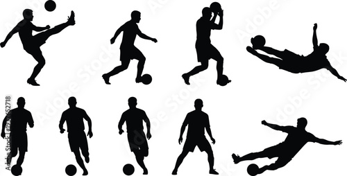 Soccer player silhouette collection performing football actions, dribbling kicking goalkeeper diving poses, sport athlete movement illustration set