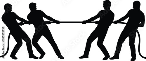 Team tug of war silhouette competition, group strength teamwork pulling rope, sports challenge power struggle concept isolated background