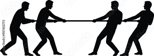 Tug of war silhouette team competition, people pulling rope strength challenge, teamwork cooperation sports contest concept isolated background