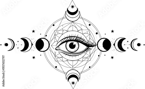 Sacred geometry eye and stars illustration, boho mystical tattoo design.