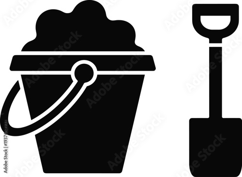 PrintBlack silhouette icon of a sand bucket filled with sand and a shovel for summer beach play, vector.
