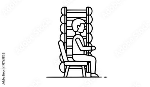 A minimalist line art illustration of a man sitting in a chair with a large abacus