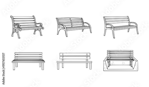 A set of minimalist bench illustrations in various designs and angles