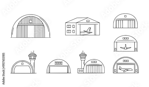 Foto A set of minimalist airport hangar and control tower vector illustrations