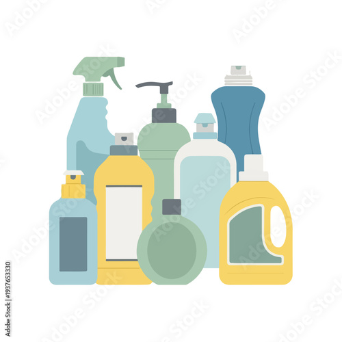 Collection of various household cleaning products and supplies