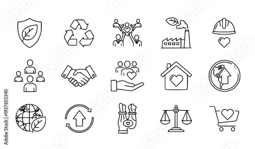 A set of minimalist line art icons representing eco-friendly and social responsibility concepts
