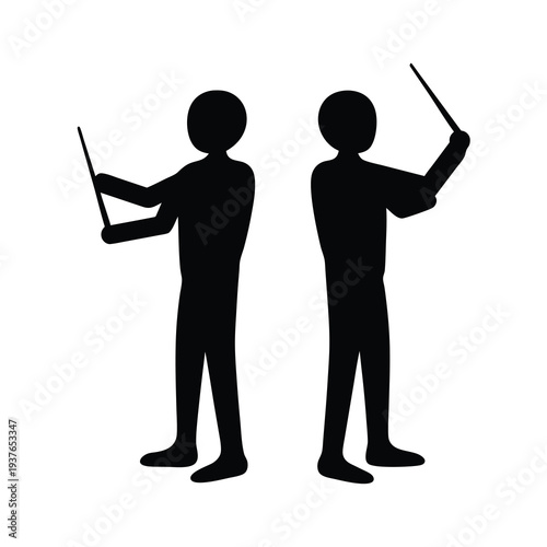 Two conductors, back to back, with batons, commanding music and rhythm