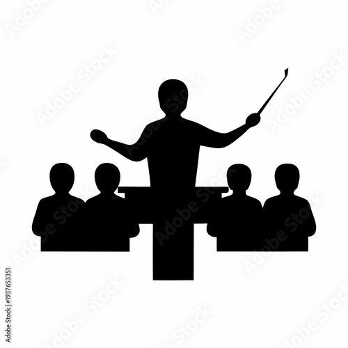 Silhouette illustration of an orchestra conductor leading a group of musicians