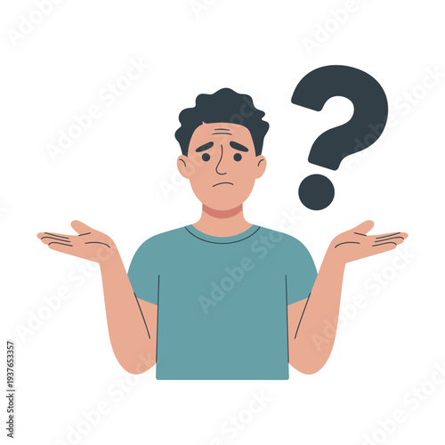 Confused man with question mark thinking with hands up