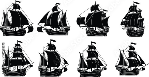 Collection, of, black, sailing, ship, silhouettes, with, vintage, wooden, galleons, caravel, vessels, nautical, adventure, ocean, transport, maritime, history, icons, for, design, vector