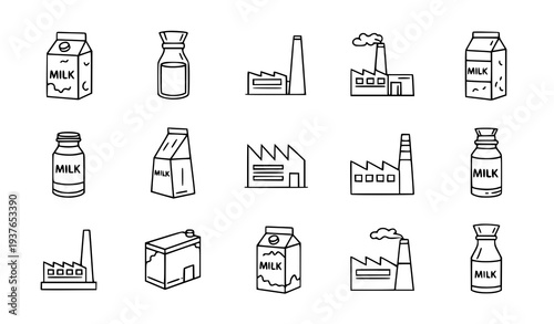 A set of minimalist milk factory and bottle illustrations in flat line art style
