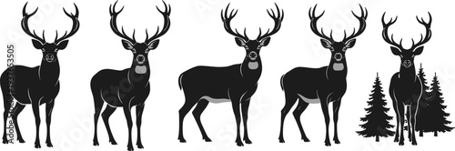 Collection, of, black, deer, silhouettes, with, majestic, antlers, standing, in, forest, pine, trees, wild, animal, buck, stag, icons, for, nature, hunting, vector