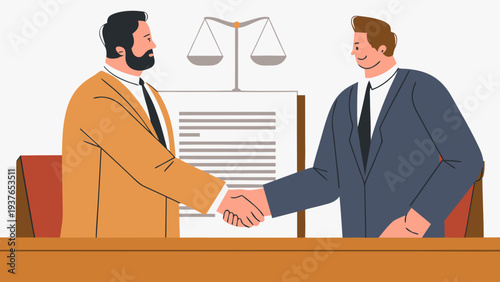 Two lawyers shaking hands over a legal document at a desk with scales of justice