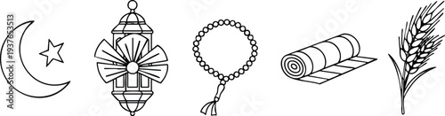 Detailed Ramadan Traditions Vector Set - Ornate Lantern, Crescent Moon, Prayer Beads, Textured Prayer Rug, and Wheat Ear