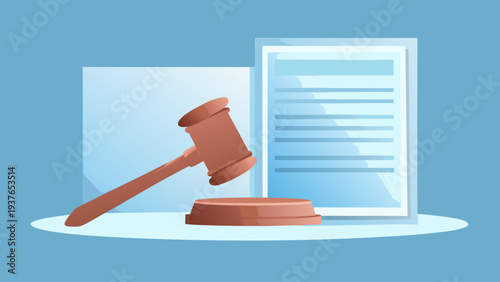 Vector illustration of wooden judge gavel and legal documents on blue background for law concept