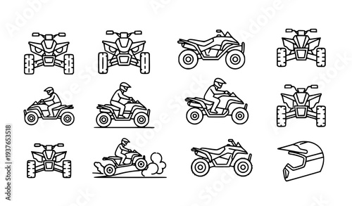 A set of black and white line art illustrations of ATVs and riders