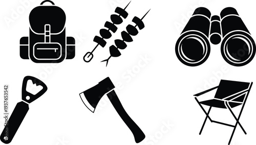 PrintBlack silhouette icons of camping equipment including backpack, binoculars, axe, folding chair, barbecue skewers, and bottle opener, isolated.
