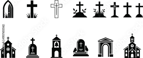 Collection, of, black, and, white, cemetery, icons, with, christian, cross, silhouettes, church, buildings, gravestones, tombstones, memorial, elements, for