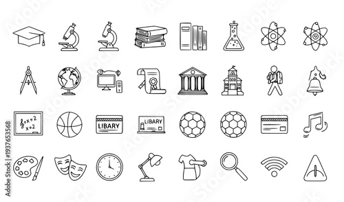 A collection of educational icons in a flat minimal design style