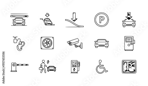 A set of black and white line art icons depicting various parking and transportation related symbols