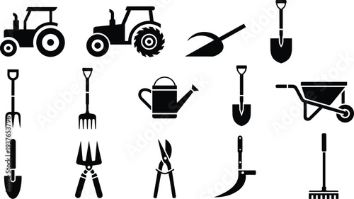 PrintBlack silhouette icons of farming tools, tractors, shovels, wheelbarrow, and gardening equipment for agricultural design, isolated.