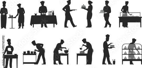 PrintBlack silhouette icons of chefs and bakers cooking, preparing food, serving cakes, and working in a professional kitchen.