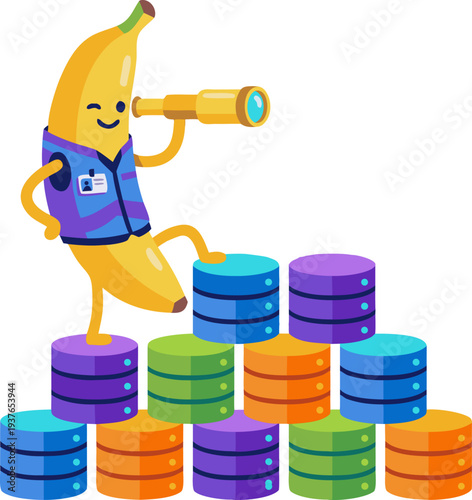 Cartoon Banana Character Using Telescope to Monitor Colorful Data Server Stack Illustration