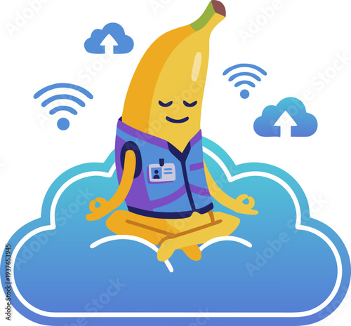 Pixel Art Banana Character Meditating on a Cloud with Technology Icons