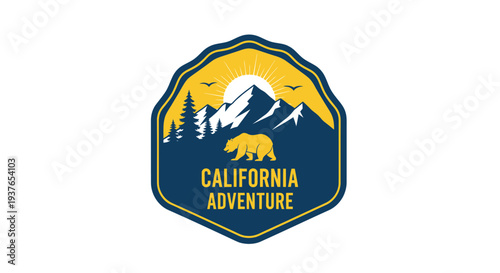 California Adventure Badge with Bear, Mountains, Sun, Trees, and Birds