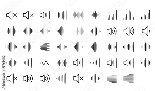 A set of minimalist sound wave icons and speaker symbols in black and white
