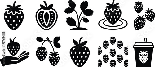 PrintBlack silhouette icons of fresh strawberries, sliced fruit, garden plants, hand holding berry, and strawberry juice cup, isolated.