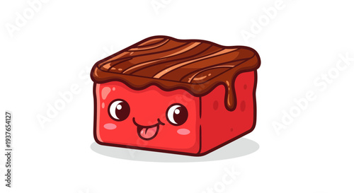 Cute cartoon red candy with chocolate topping, kawaii style, isolated on white