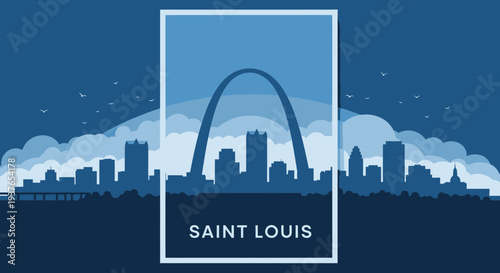 Saint Louis Skyline Silhouette with Gateway Arch - Blue Toned Cityscape Illustration