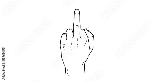 Hand gesture middle finger drawing, offensive sign, insult, rebellion, outline illustration