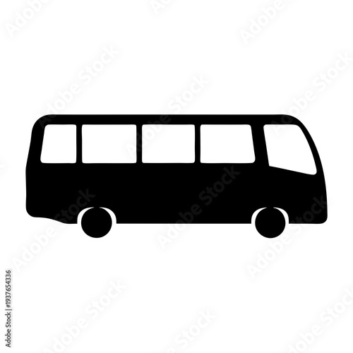 A black silhouette of a passenger van with several square windows