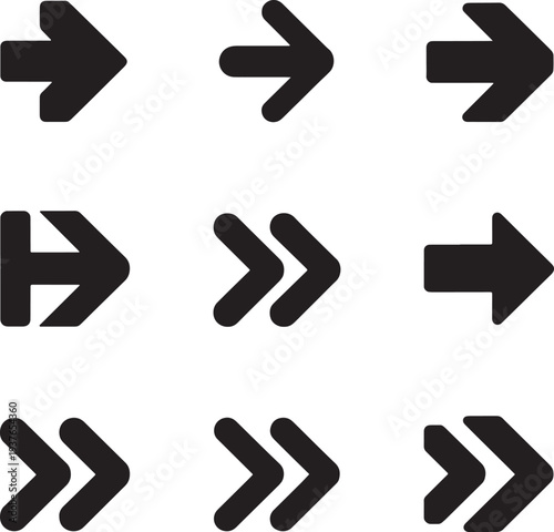 Black minimalist arrow and chevron icon set for navigation interface